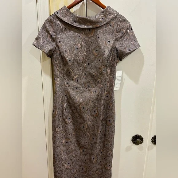 Rickie Freeman for Teri Jon | Dresses | Cocktail Mauve Rose Gold Midi Dress  Short Sleeves V Back Metallic | Poshmark